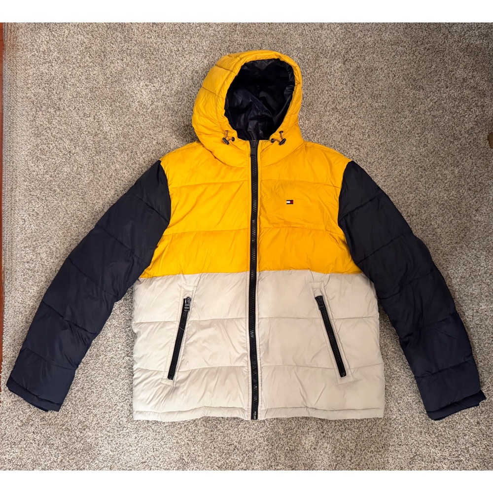 Tommy Hilfiger Mens XXL Puffer Jacket Hooded‎ Colorblock Yellow Navy White Coat